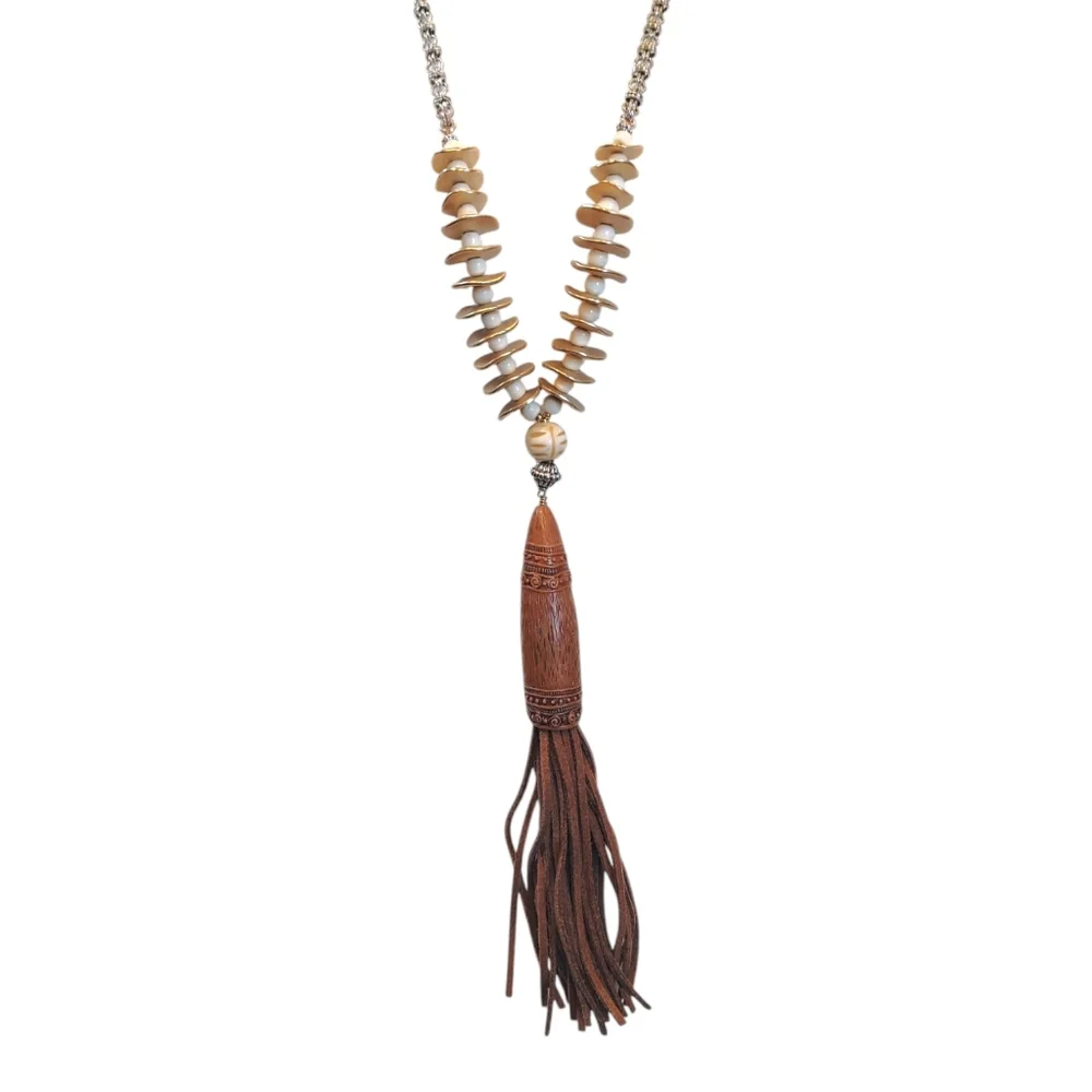 Chico's Fringe Pendant Gold Bead Western Long Statement Necklace Fashion Jewelry